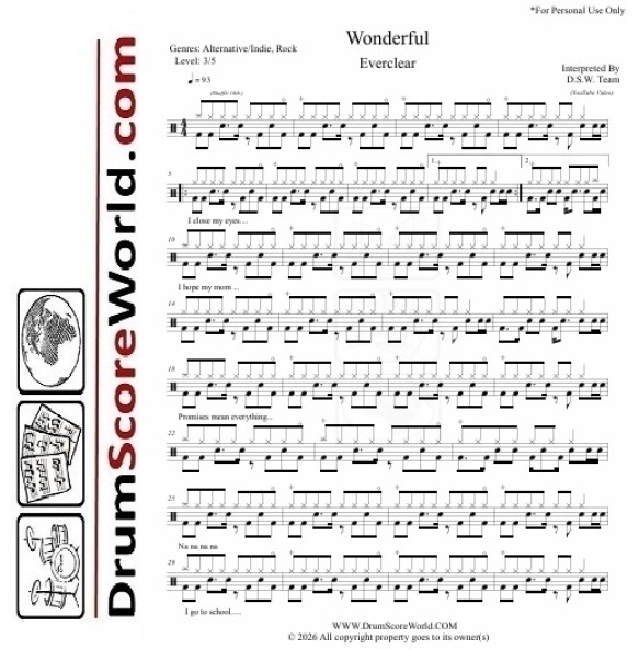 Everclear - Wonderful | Drum Sheet Everclear - Wonderful | Drum Sheet